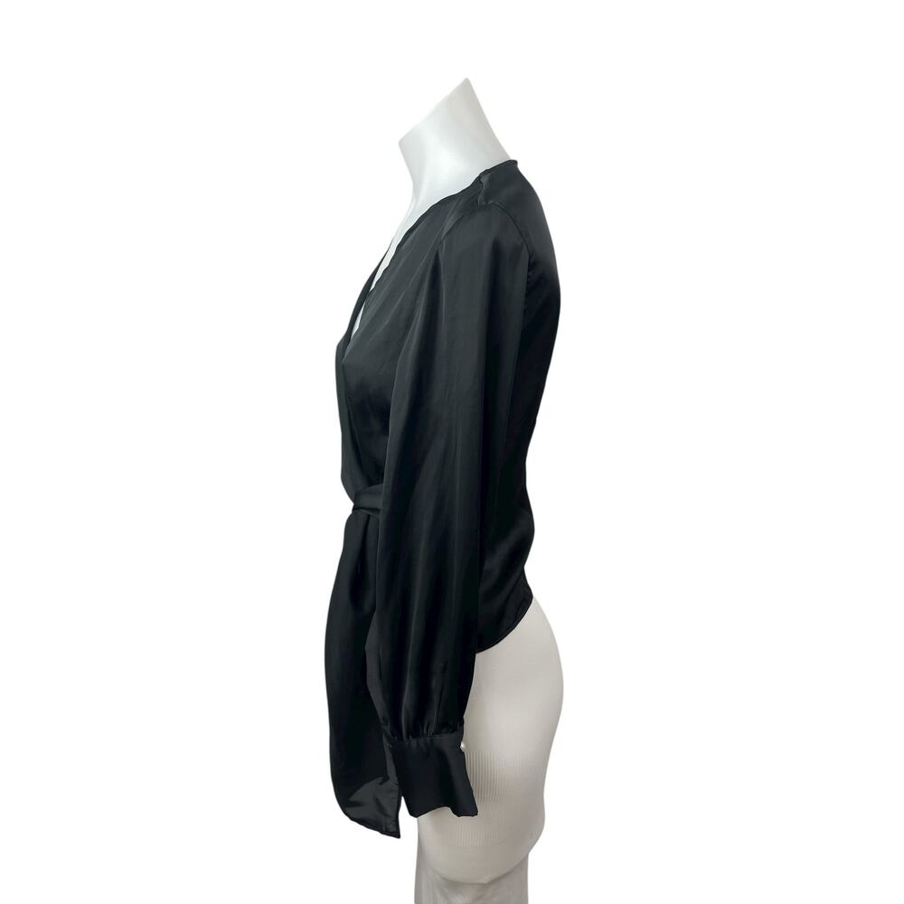 Zara Women's Black Silky Satin Sheer V Neck Long Sleeve Crop Wrap Blouse Top XS - Picture 3 of 6